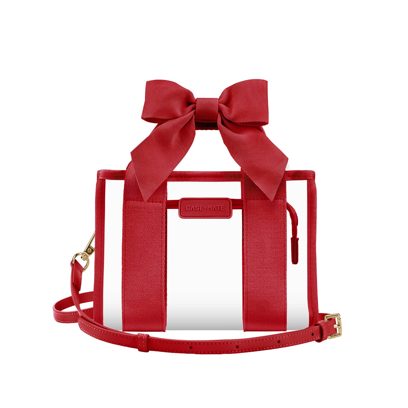 A red structured handbag with a large bow on top, a clear front panel, and a matching red shoulder strap on a plain white background.