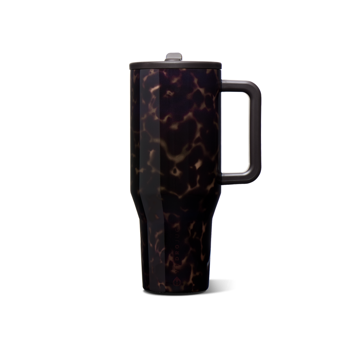 Mocha Tortoise HydroJug 40 oz Traveler with dark brown tortoiseshell pattern, matching lid, and handle on the right