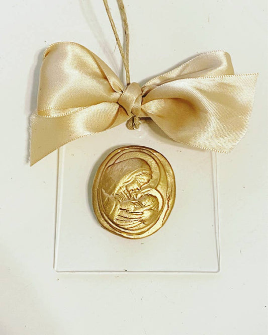 SALE 50% off Gold Leaf Gilded Mary & Baby Jesus Intaglio Ornament