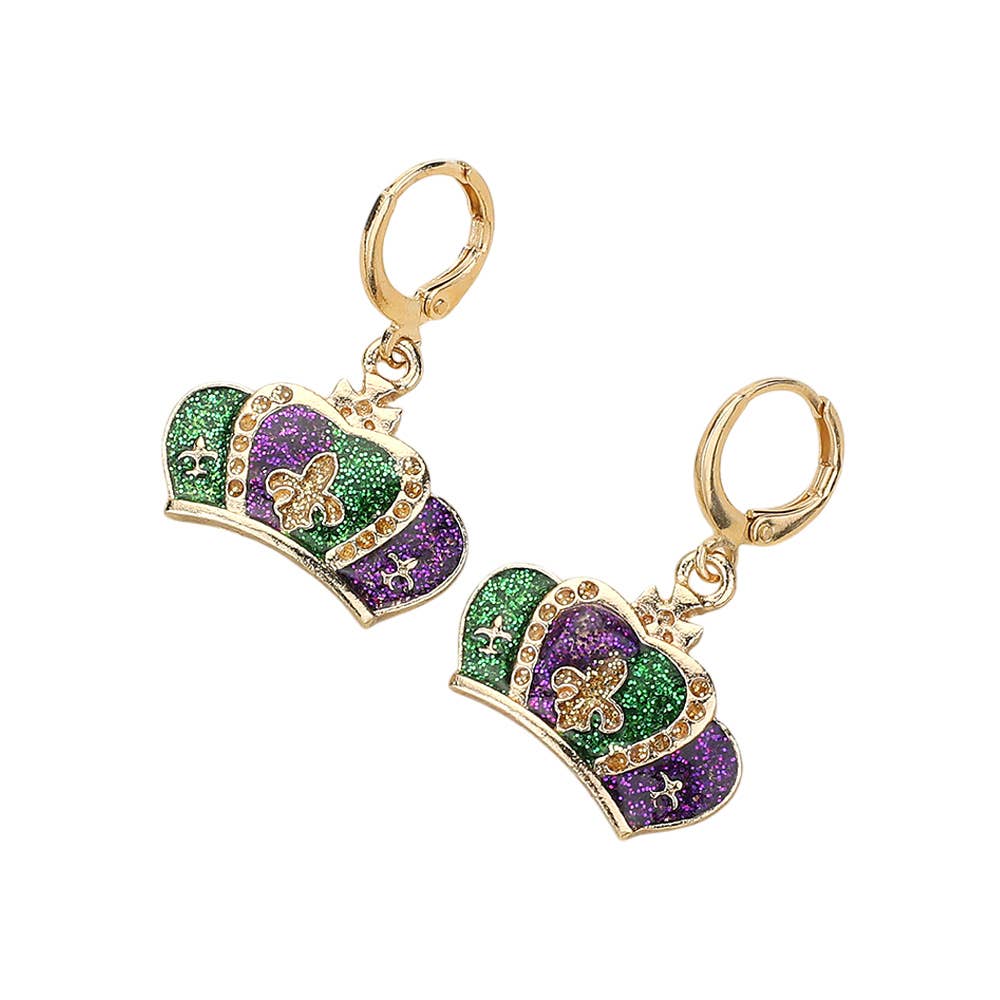 Glittered Enamel Mardi Gras Hat Dangle Earrings