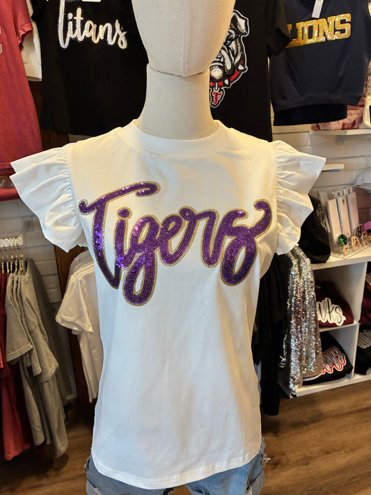Tigers White Flutter Sleeve Top