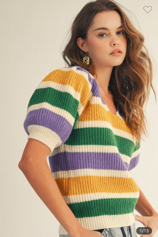 Mardi  Gras Stripe Puff Sweater