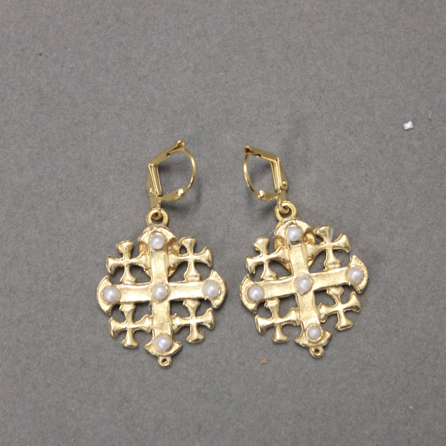 Gold and Pearl Jerusalem Cross Earrings