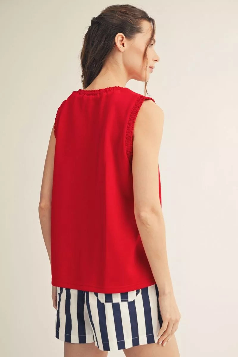 Back view of the red smocked edge tank top