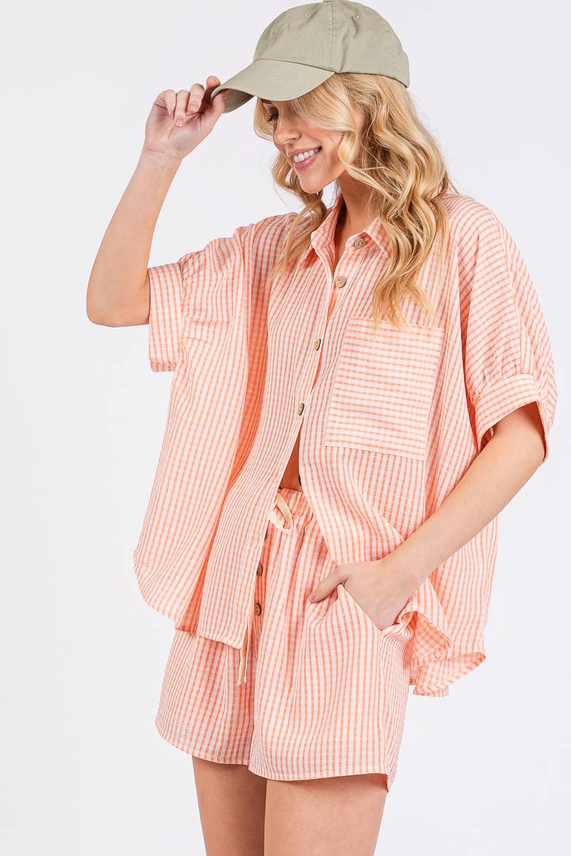 Navy Check Button Down Shorts Set