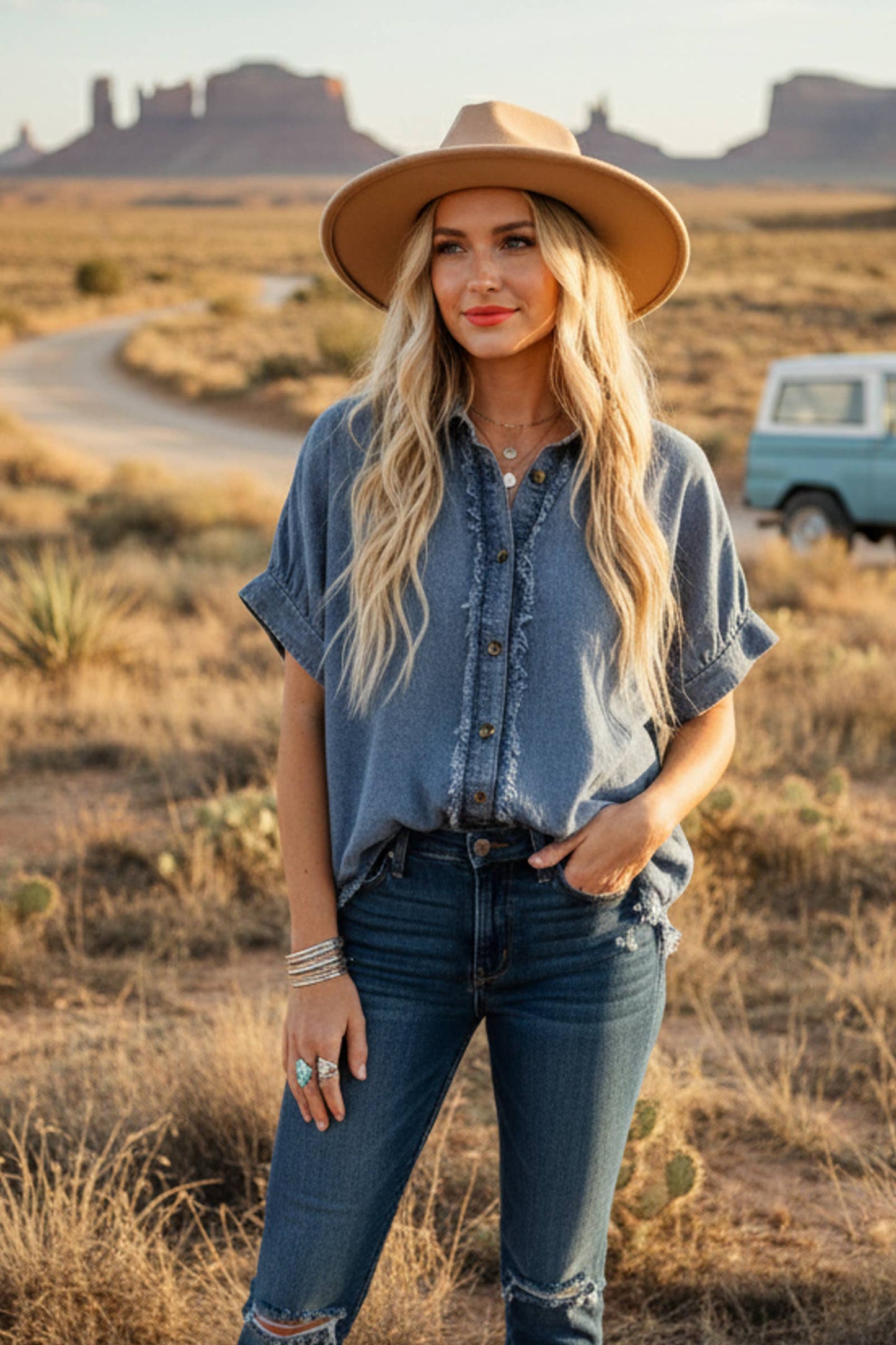 Denim Frayed Trim  Button Top