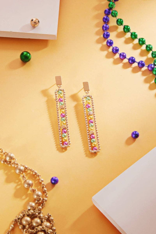 Rectangle Shaped Mardi Gras Pearl Post Earrings