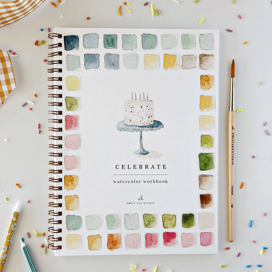 Celebrate watercolor workbook cover with a birthday cake