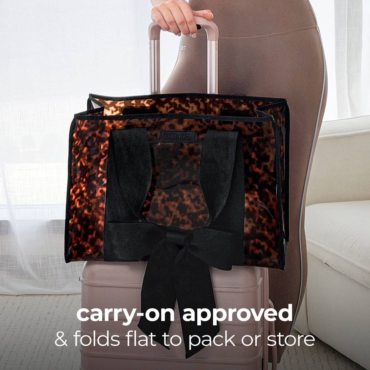 Tortoiseshell jelly tote on a rolling suitcase as a carry-on bag