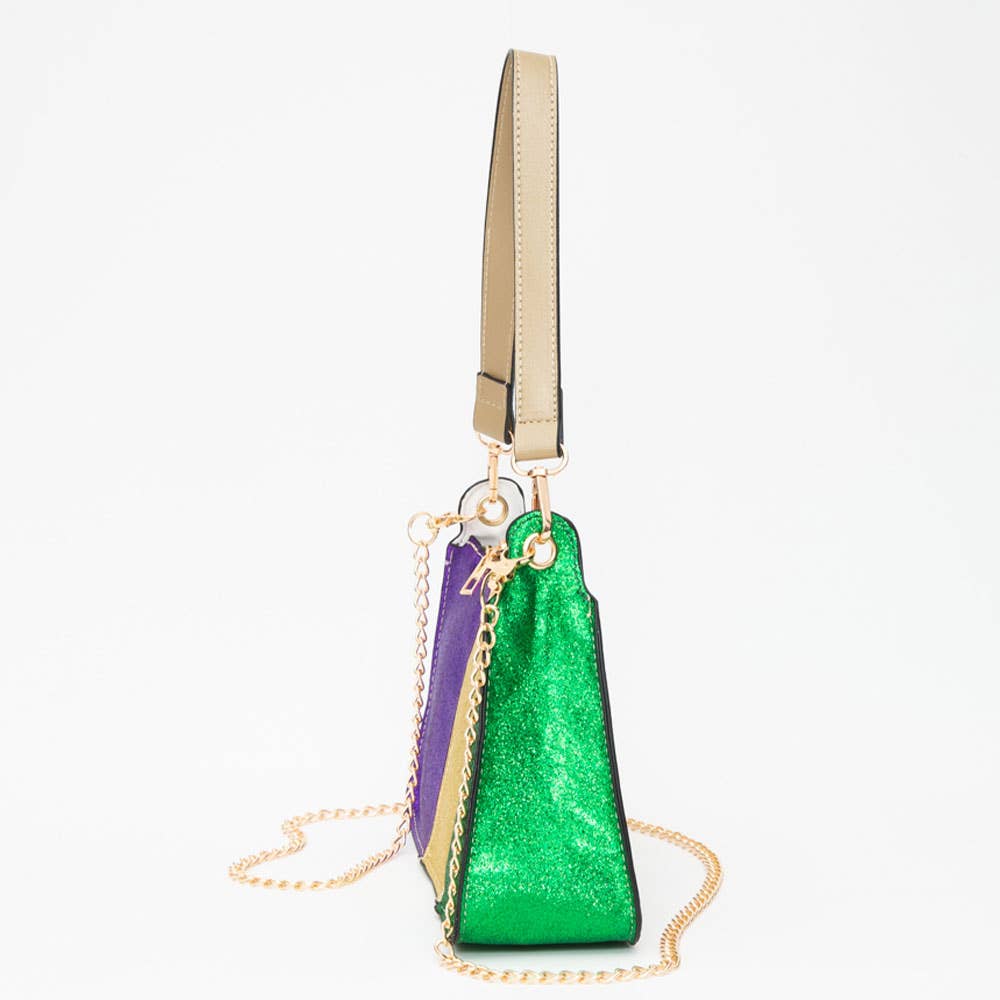 Faux Leather Mardi Gras Sparkle Front Shoulder Crossbody Bag