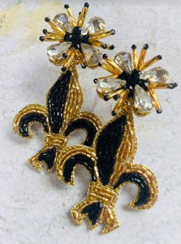 Black & Gold Fleur de Lis Beaded Earrings