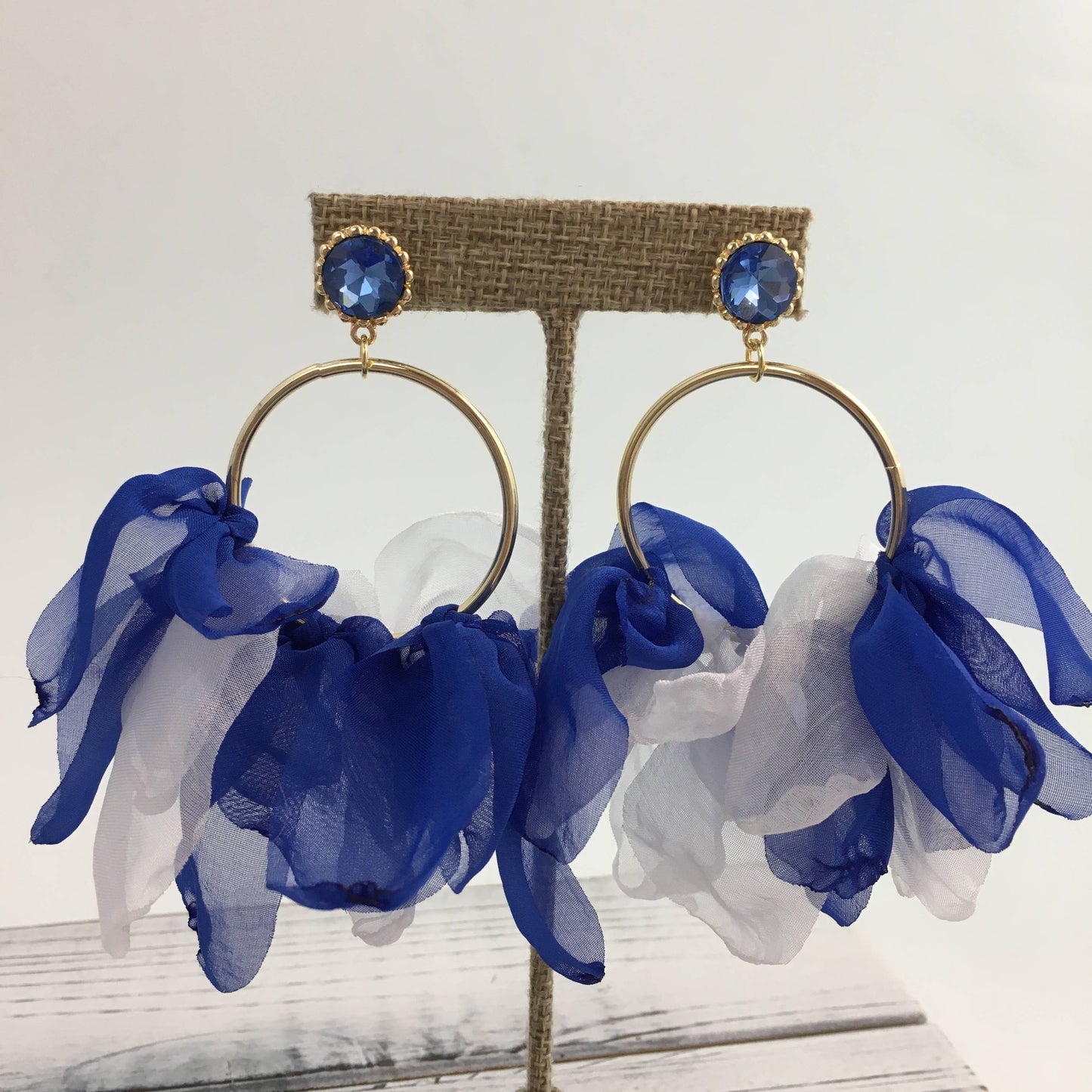 Blue and White Chiffon Hoop Earrings