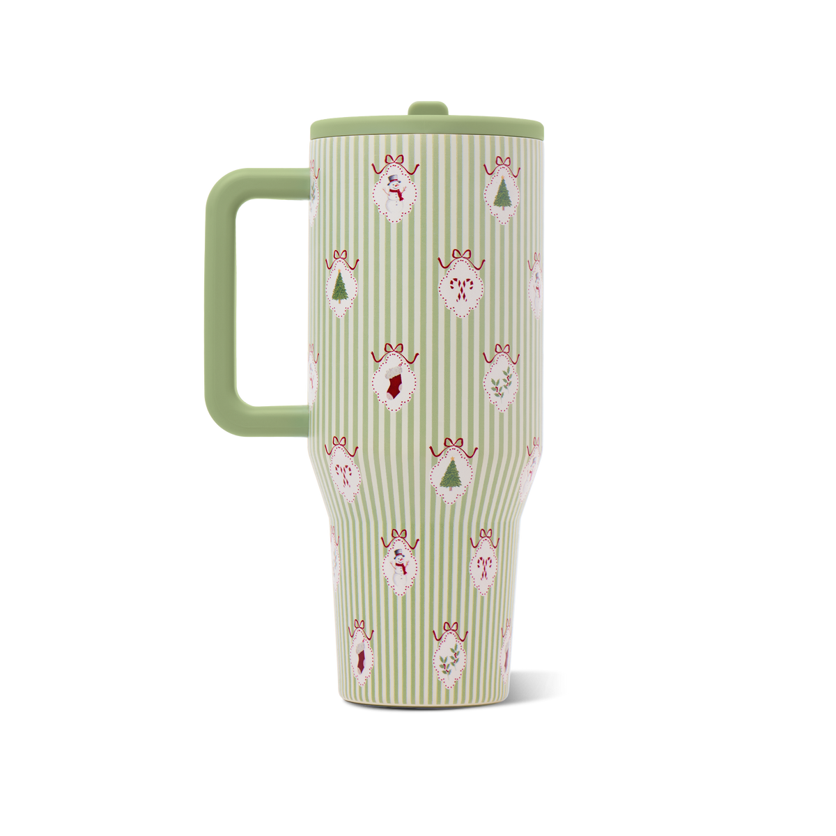 Side view of the Deck the Halls HydroJug 40 oz Traveler with green handle