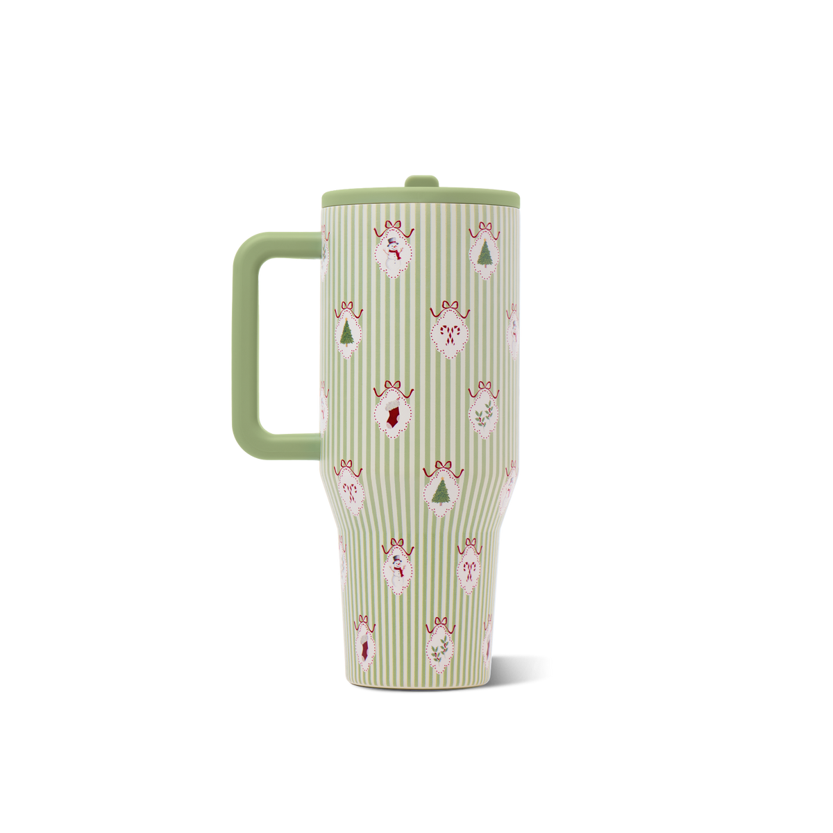 Deck the Halls HydroJug tumbler with handle on the left, green stripes, and Christmas tree, stocking, and candy cane motifs