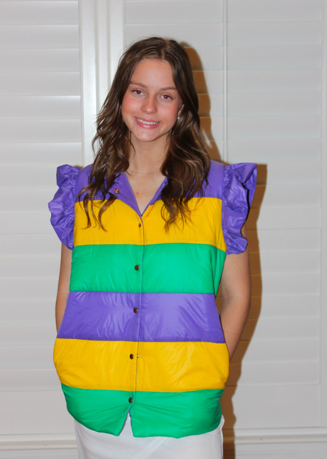 Mardi Gras Ruffle Sleeve Puffer Vest