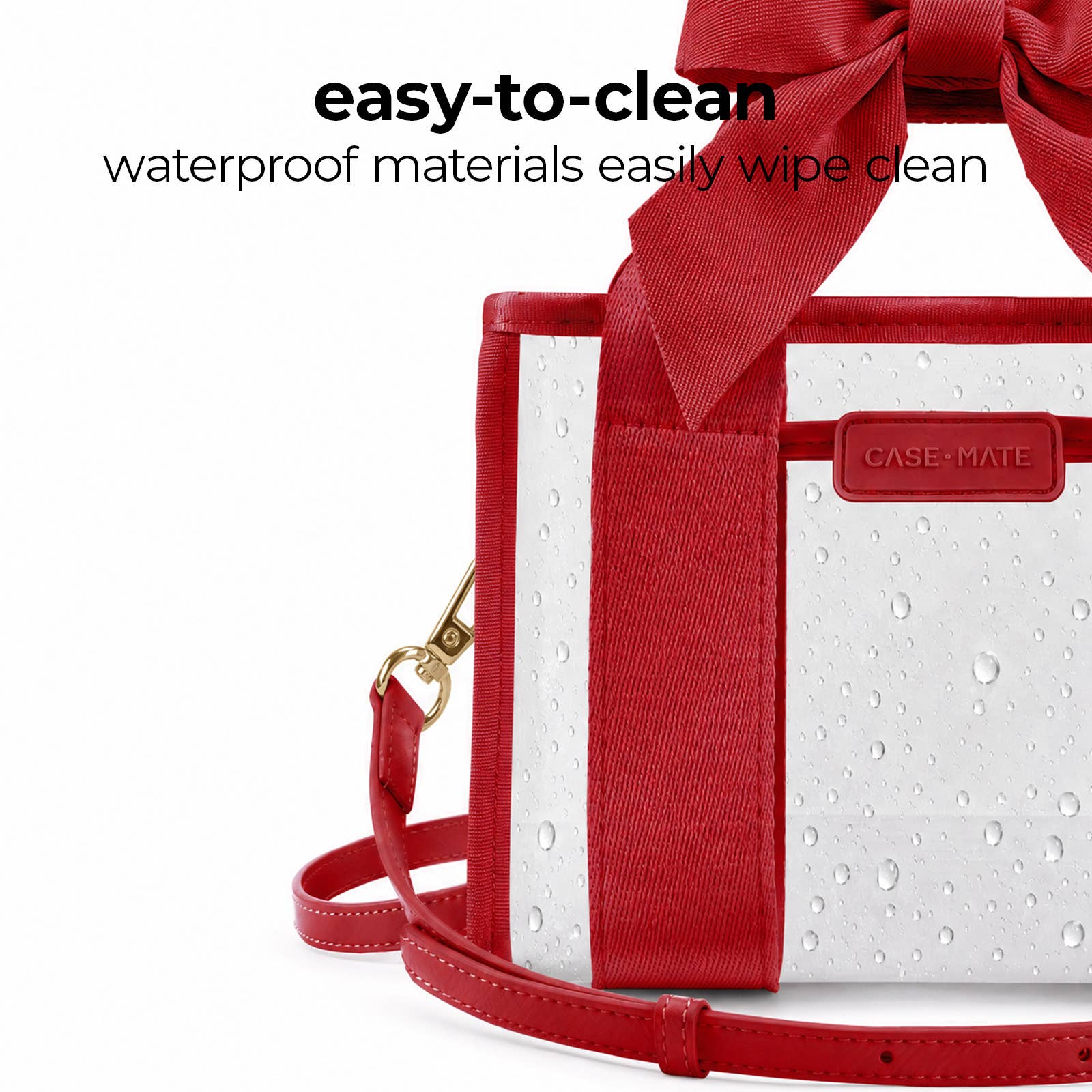 A red and white CASE-MATE handbag with a large red bow on the handle, shown on a white background with text reading 'easy-to-clean waterproof materials easily wipe clean'.
