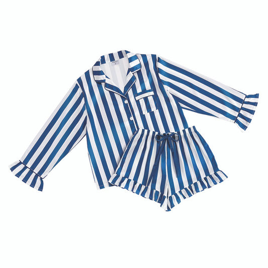 Ruffle Short PJ Set With Velvet Tie - Blue Stripe