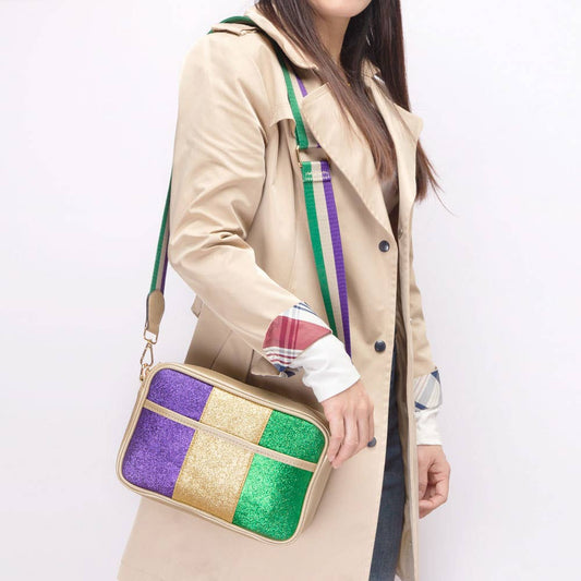 Faux Leather Mardi Gras Sparkle Front Rectangle Crossbody Ba
