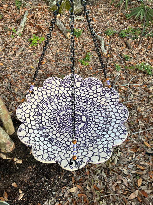 Large texture flower bird feeder White w Purple Glaze