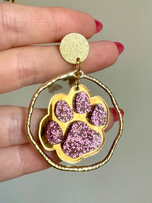 Purple & Gold Football Sports Paw Earrings