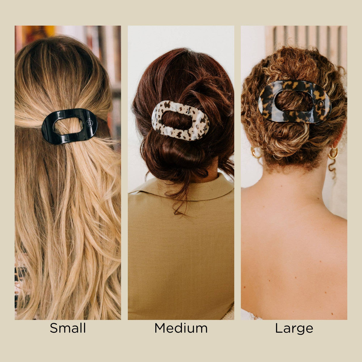 Size guide showing small, medium, and large TELETIES flat clips worn in different hair lengths