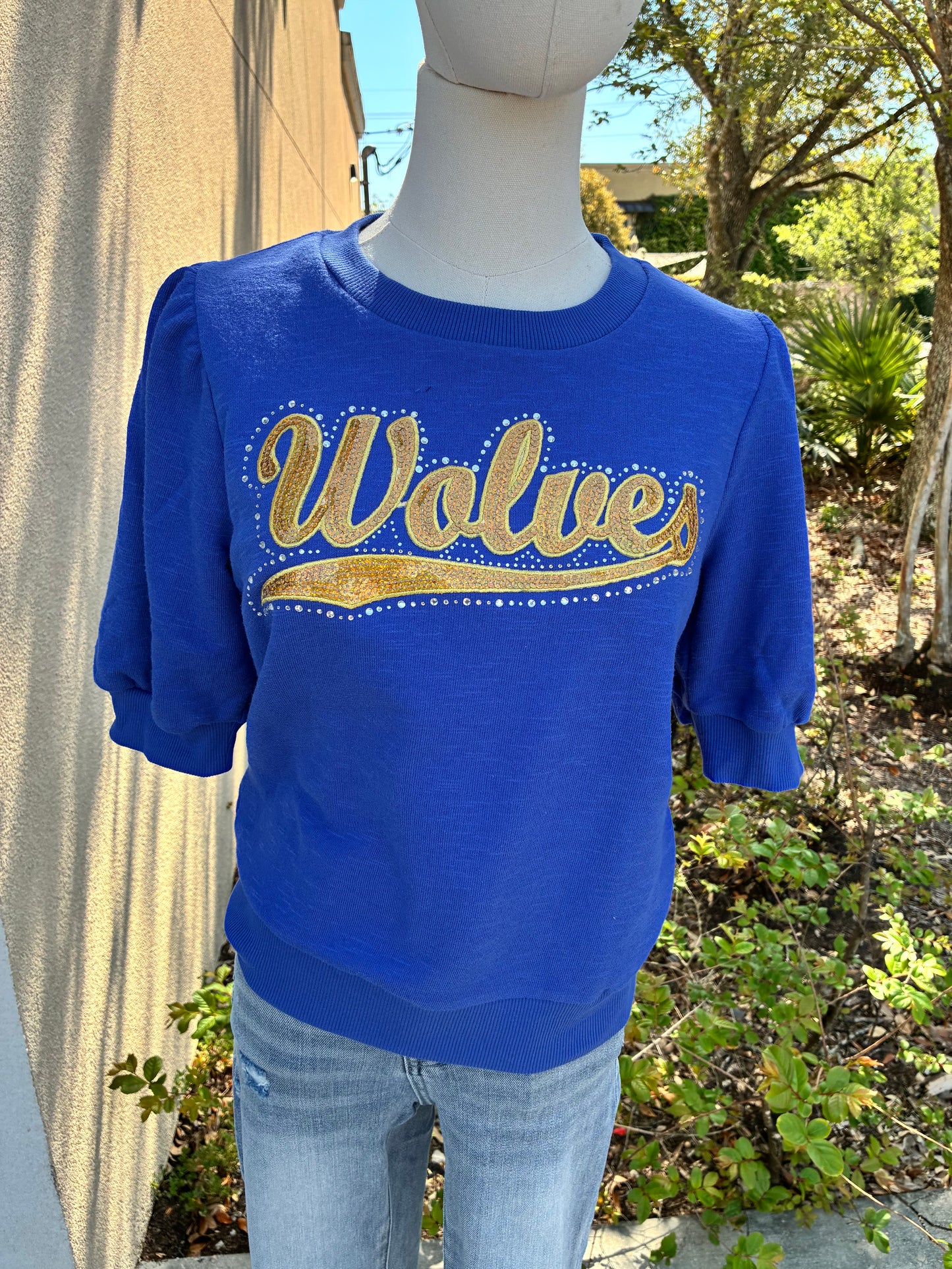 Wolves Sequin w Rhinestones puff Sleeve Top
