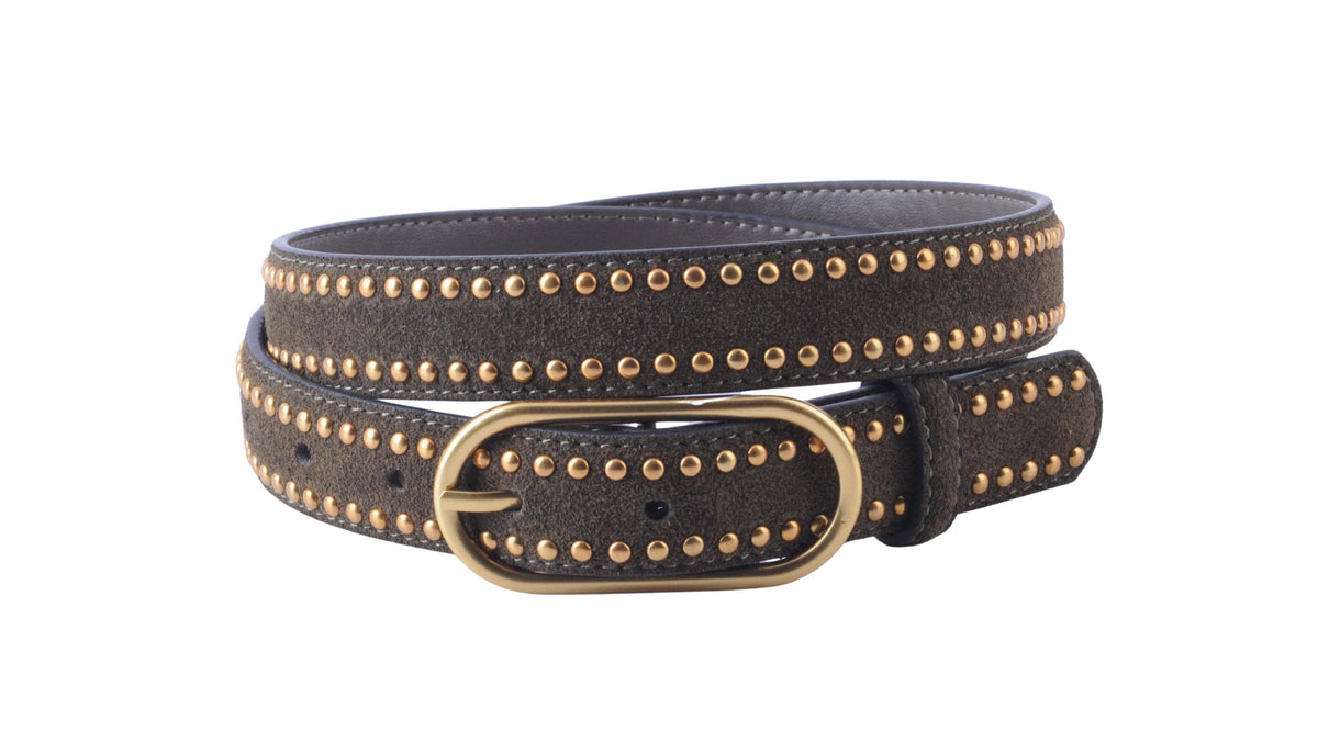 Olive  leather belt with gold studs and buckle on a white background