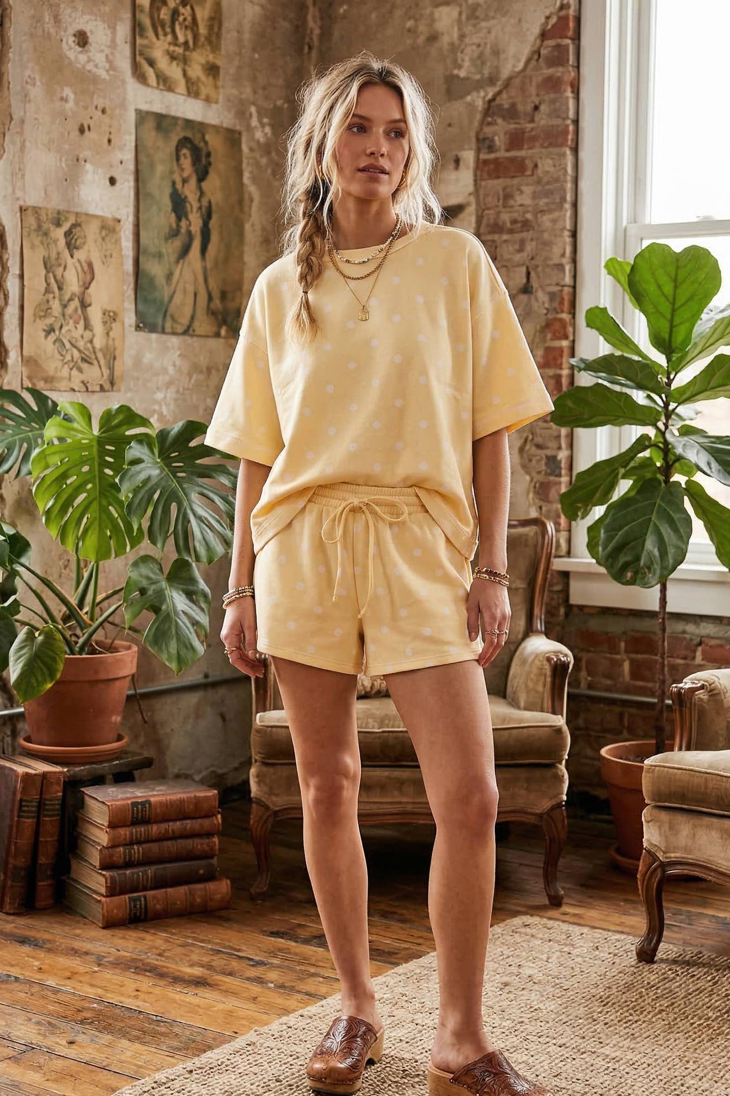 Harmony Pale Yellow Polka Dot Shorts Set