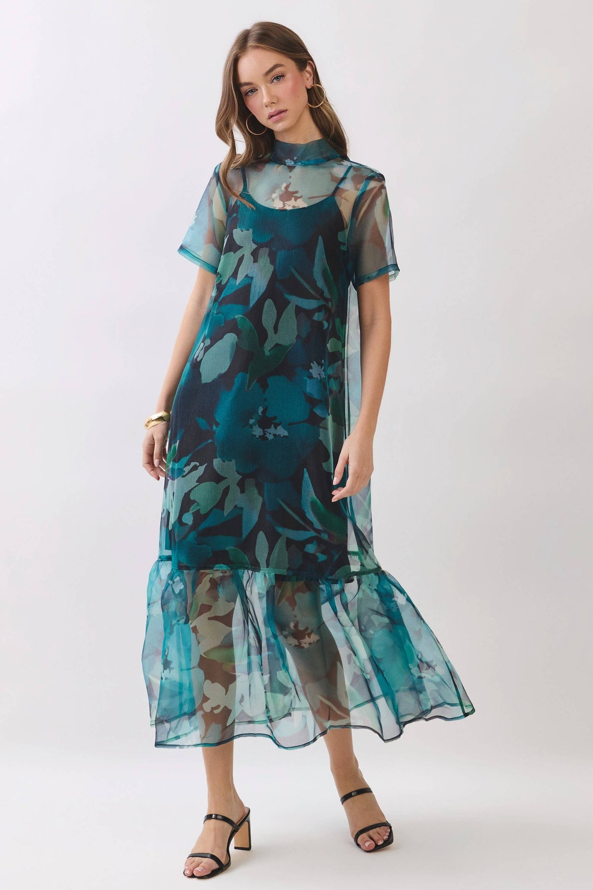 teal floral sheer overlay midi dress 
