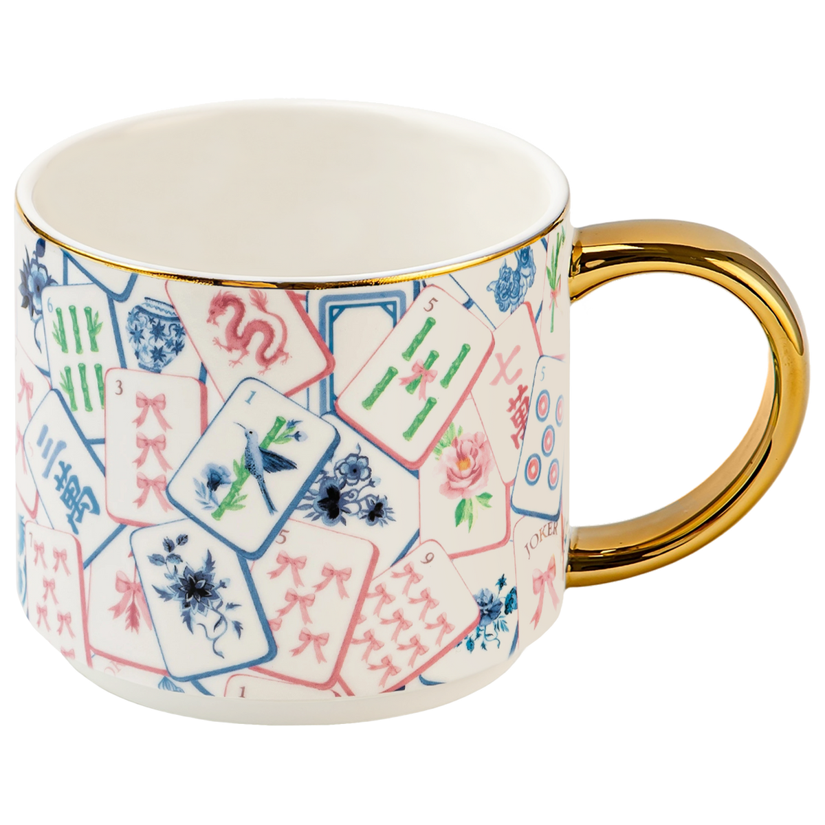 Mahjong tiles coffee mug with a gold handle on a white background