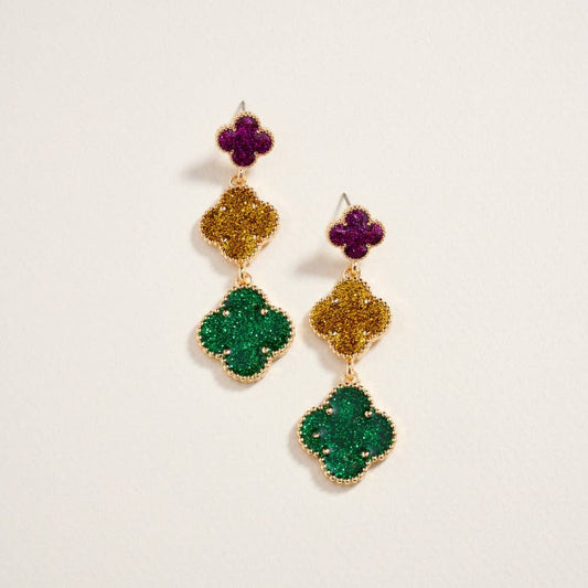Glitter Mardi Gras Clover Link Drop Post Earrings