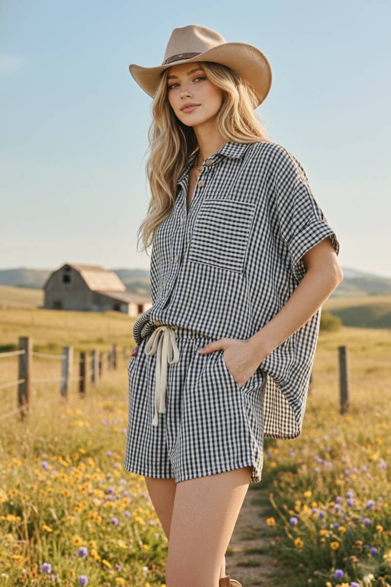 Navy Check Button Down Shorts Set