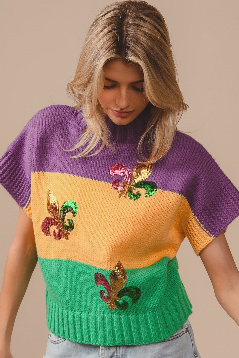 Sequin Embroidery Mardi Gras Color Sweater Top