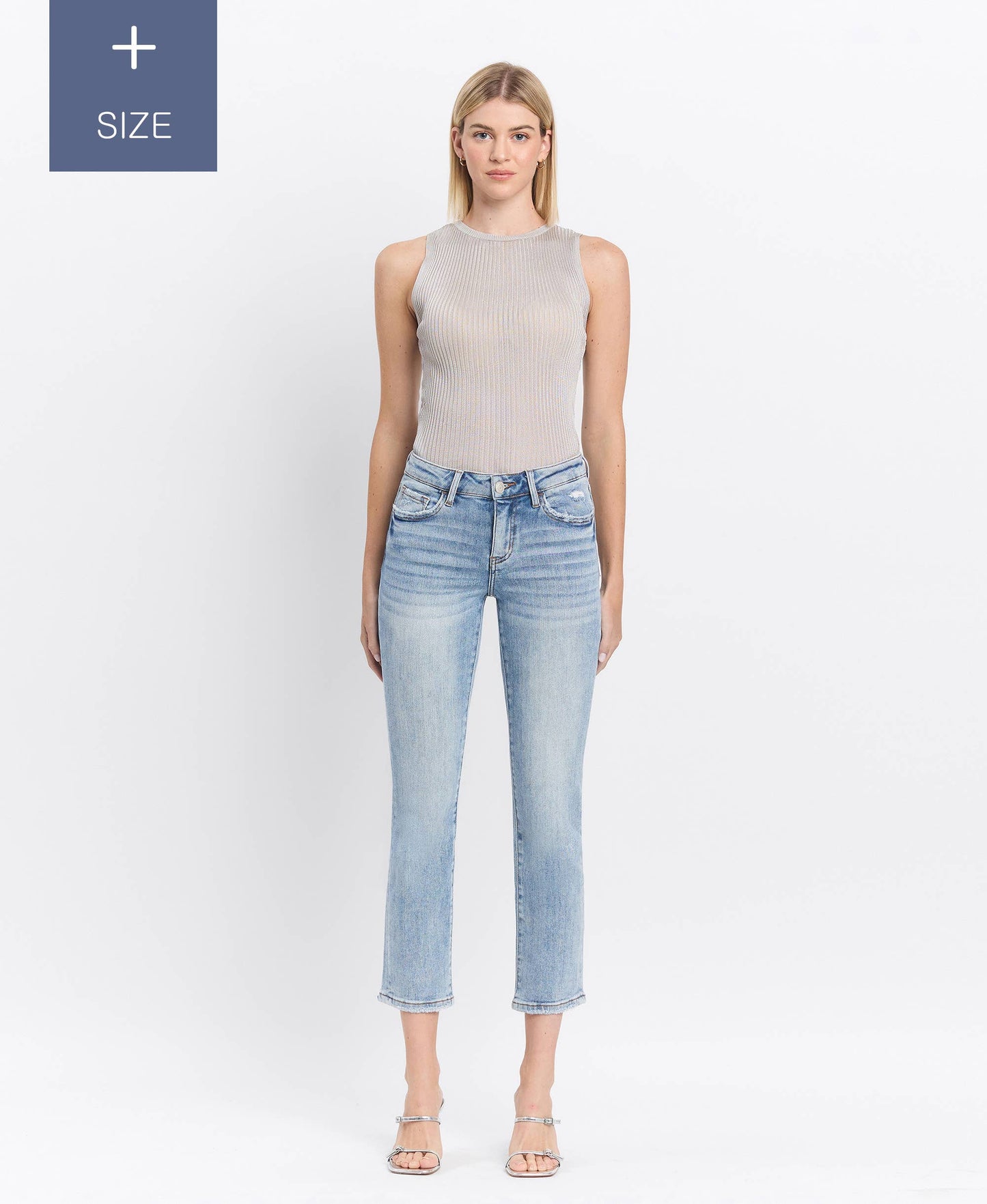 PLUS SIZE MID RISE CROP SLIM STRAIGHT JEANS LV1079-P