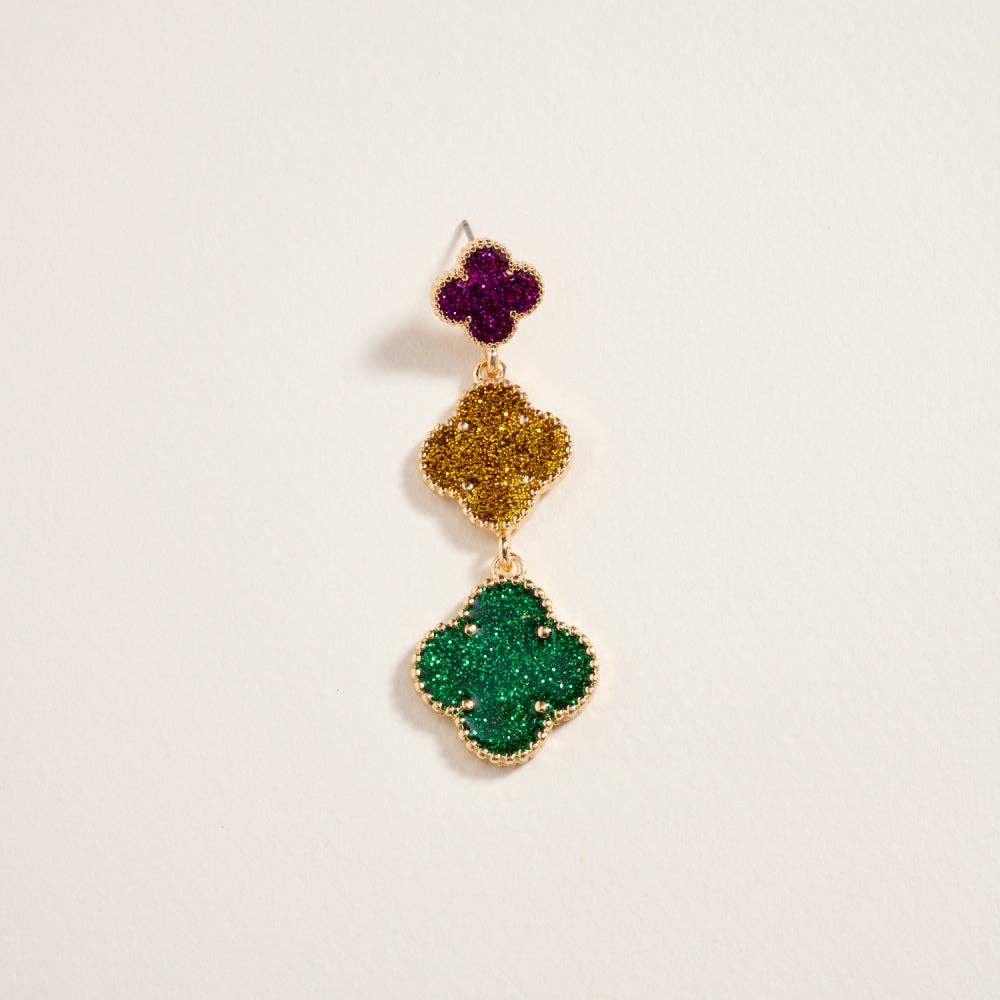 Glitter Mardi Gras Clover Link Drop Post Earrings