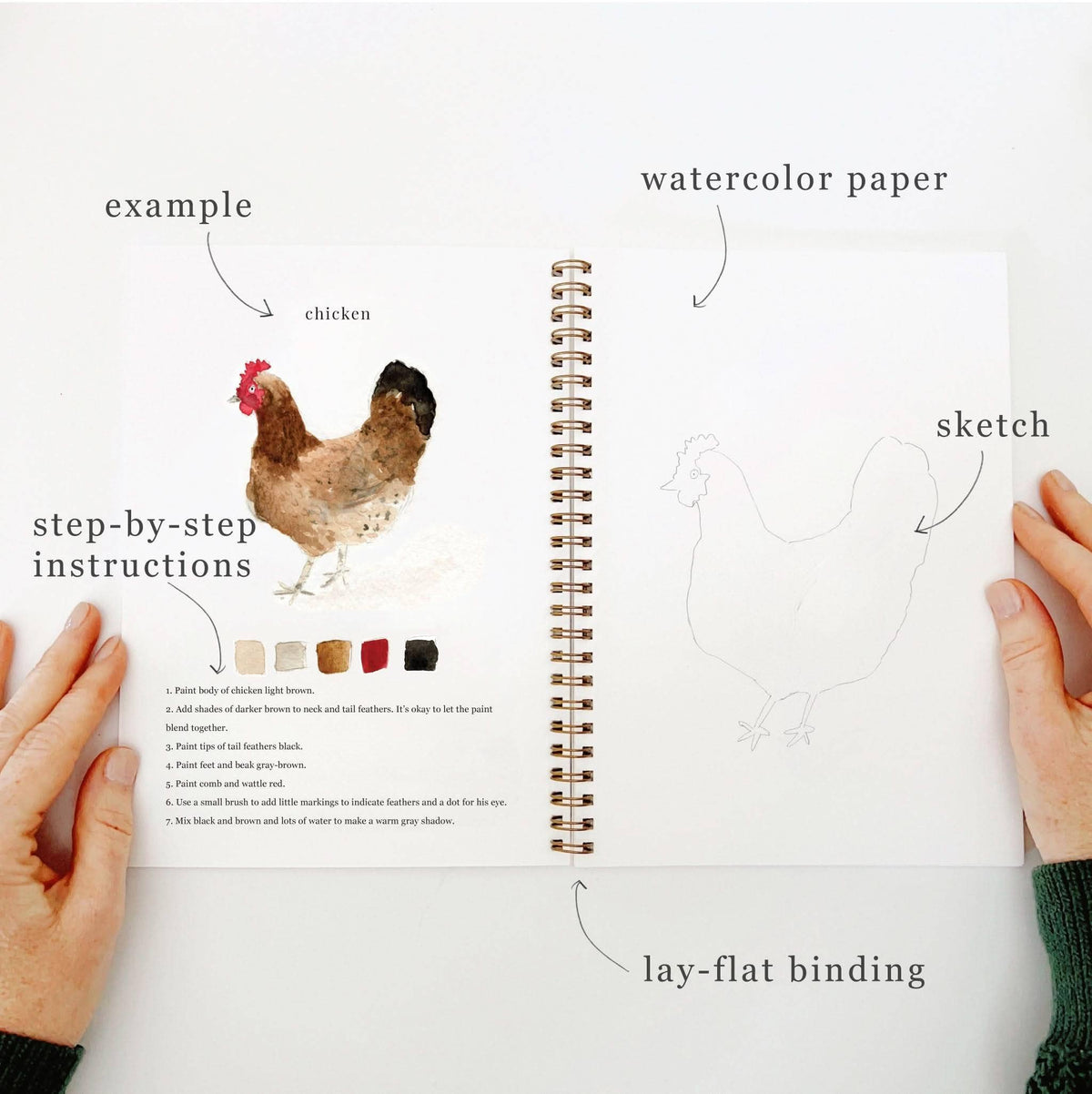 Workbook page showing example, step-by-step instructions, watercolor paper, and lay-flat binding