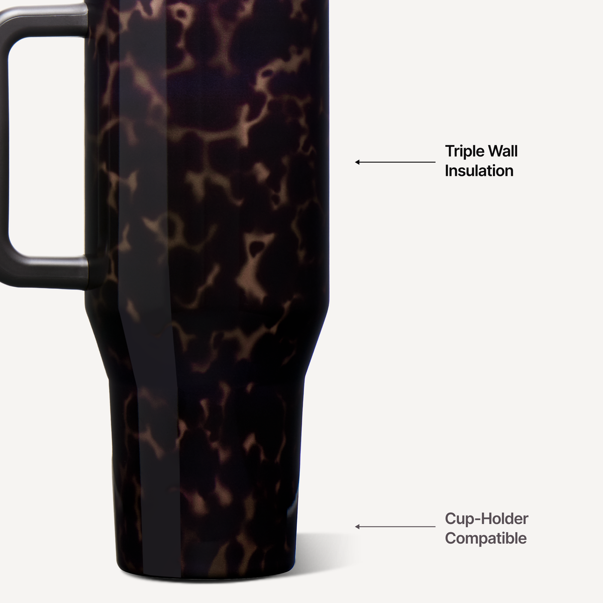 Mocha Tortoise HydroJug graphic highlighting triple-wall insulation and a cup-holder-compatible base