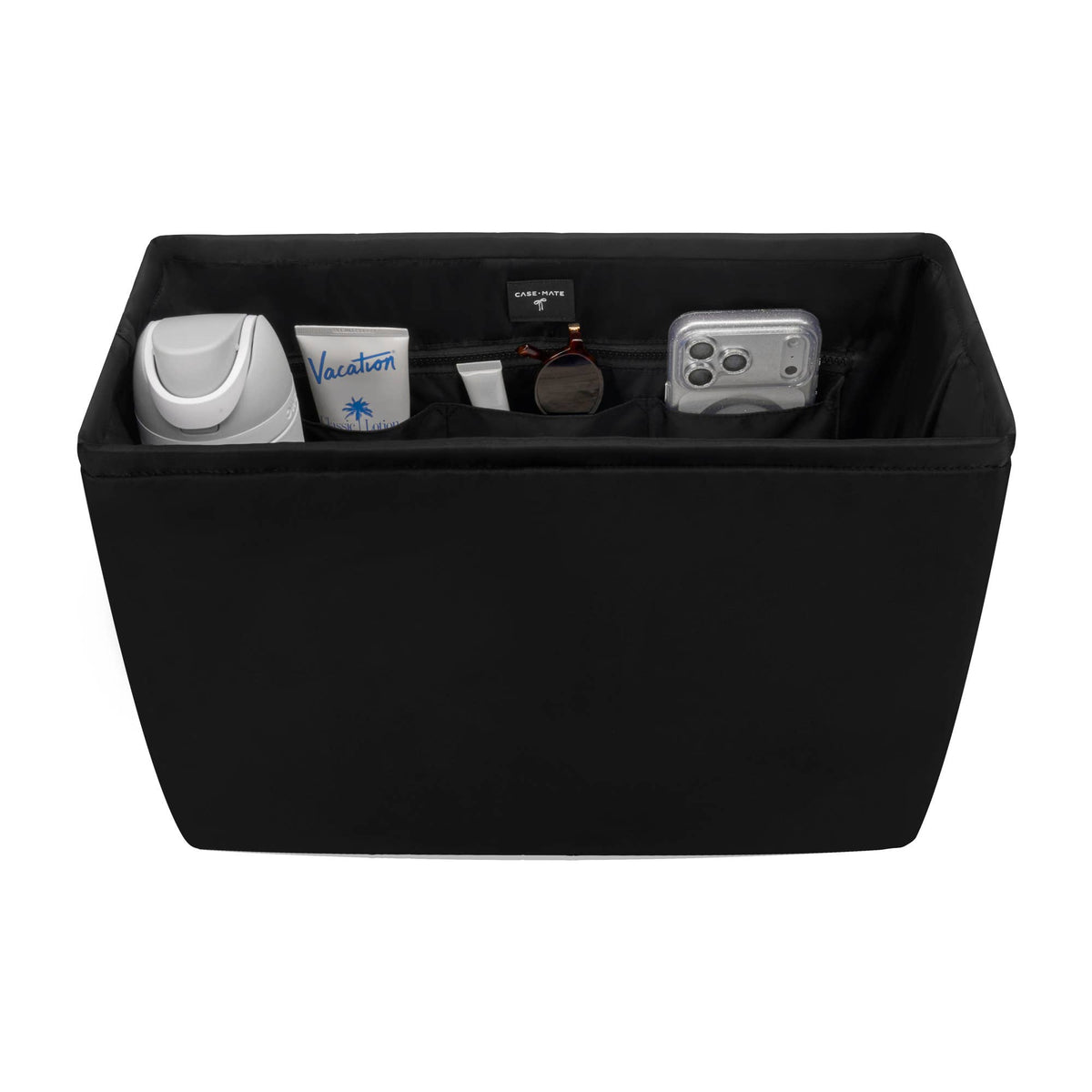 Black tote organizer insert with compartments holding daily essentials