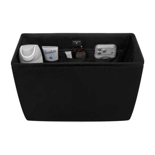 Black tote organizer insert with compartments holding daily essentials