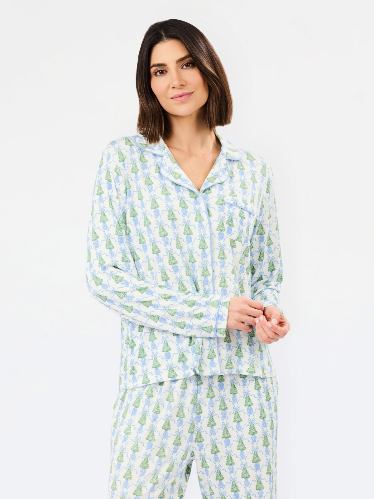Blue Christmas tree print long sleeve pajama set, front view