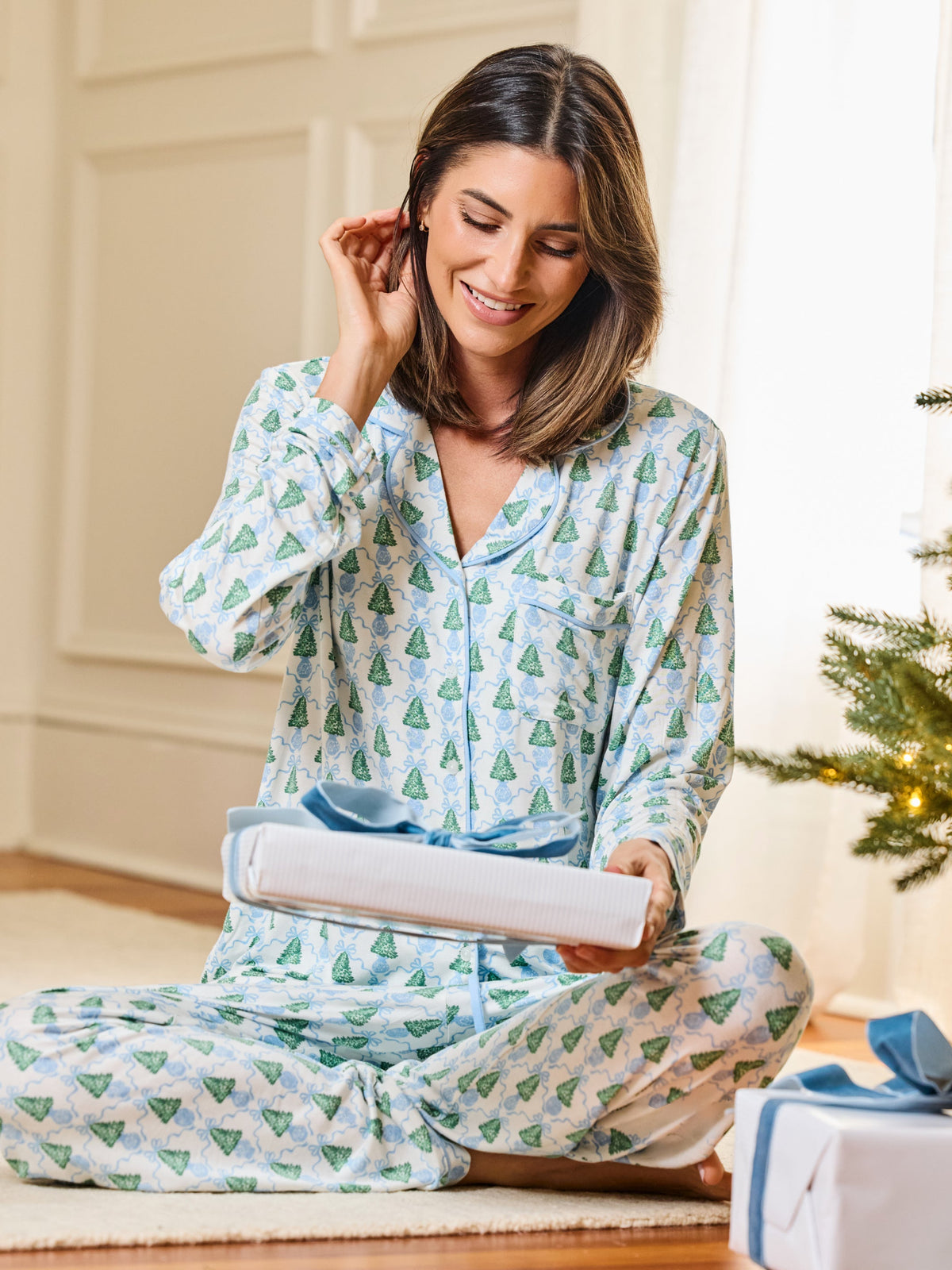 Blue Winter Pines pajamas styled for Christmas morning gift wrapping