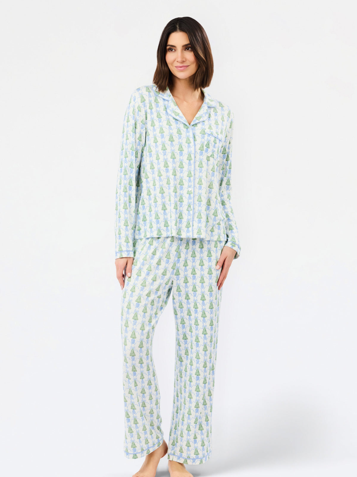 Blue Winter Pines pajama set with straight leg pants, full-length view