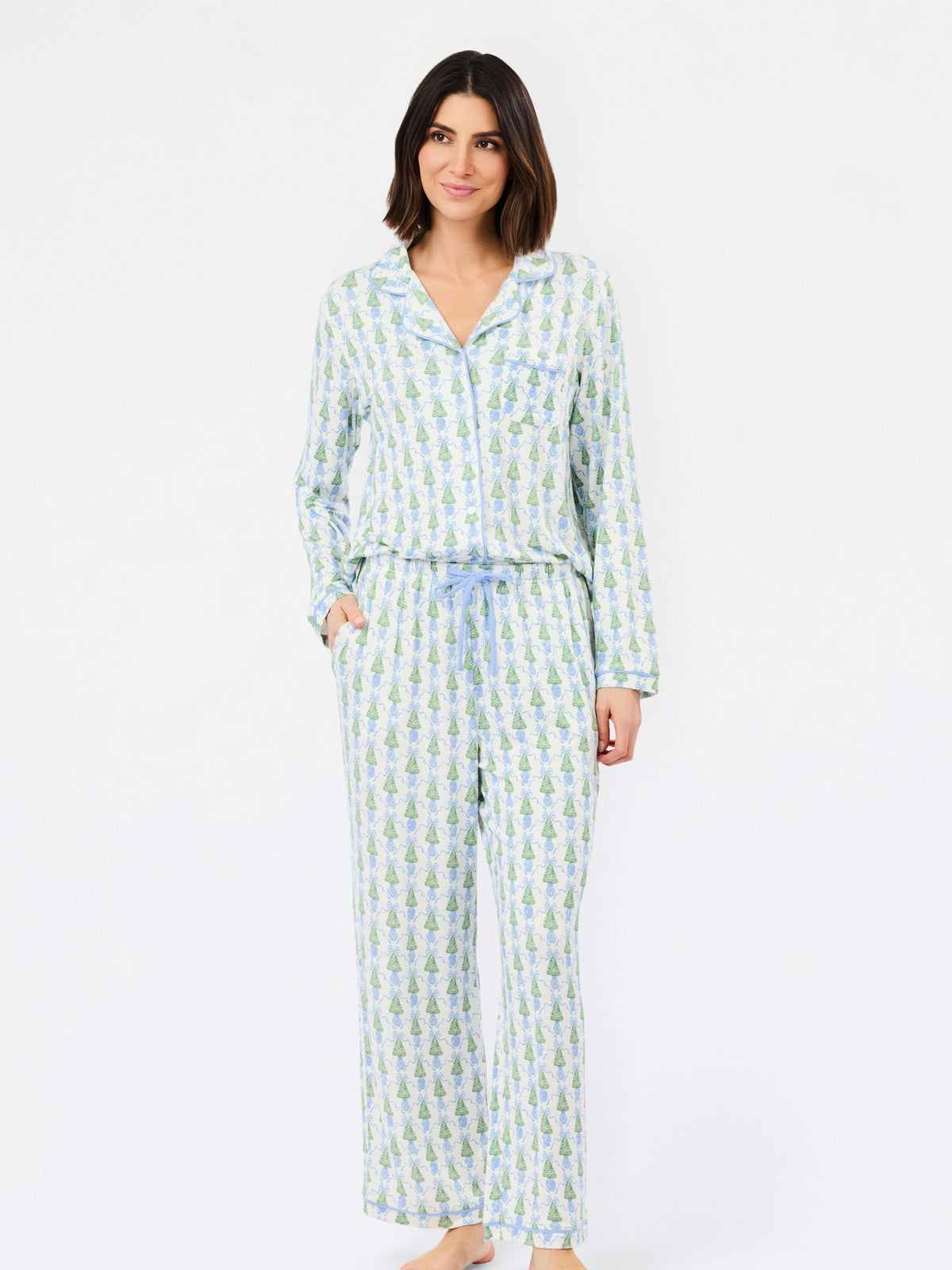 Blue Christmas tree pajama set, three-quarter view