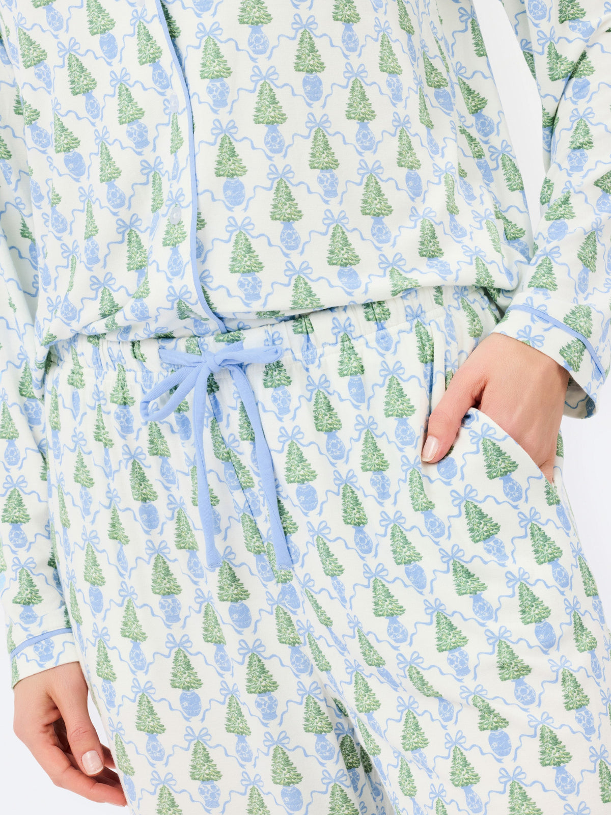 Close-up of blue pajama pants drawstring waist