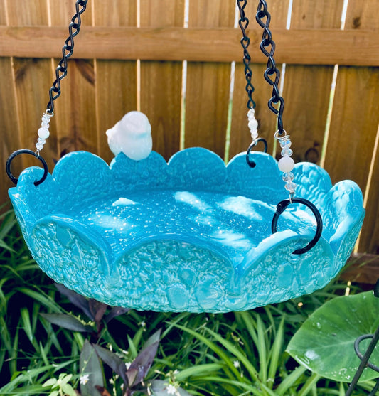 Deep Dish Tiffany Blue Bird Bath With Bird