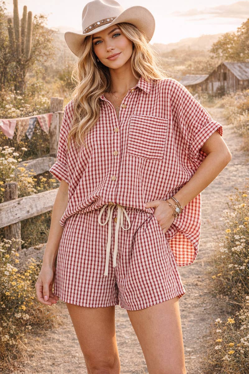 Navy Check Button Down Shorts Set