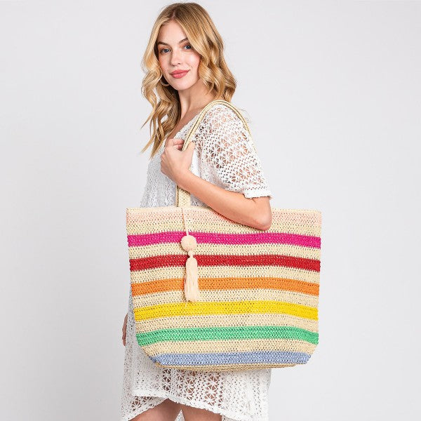 Pom Pom Tassel Striped Straw Crochet Tote Bag