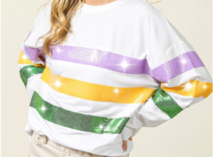 Mardi Gras White with Stripes Crewneck