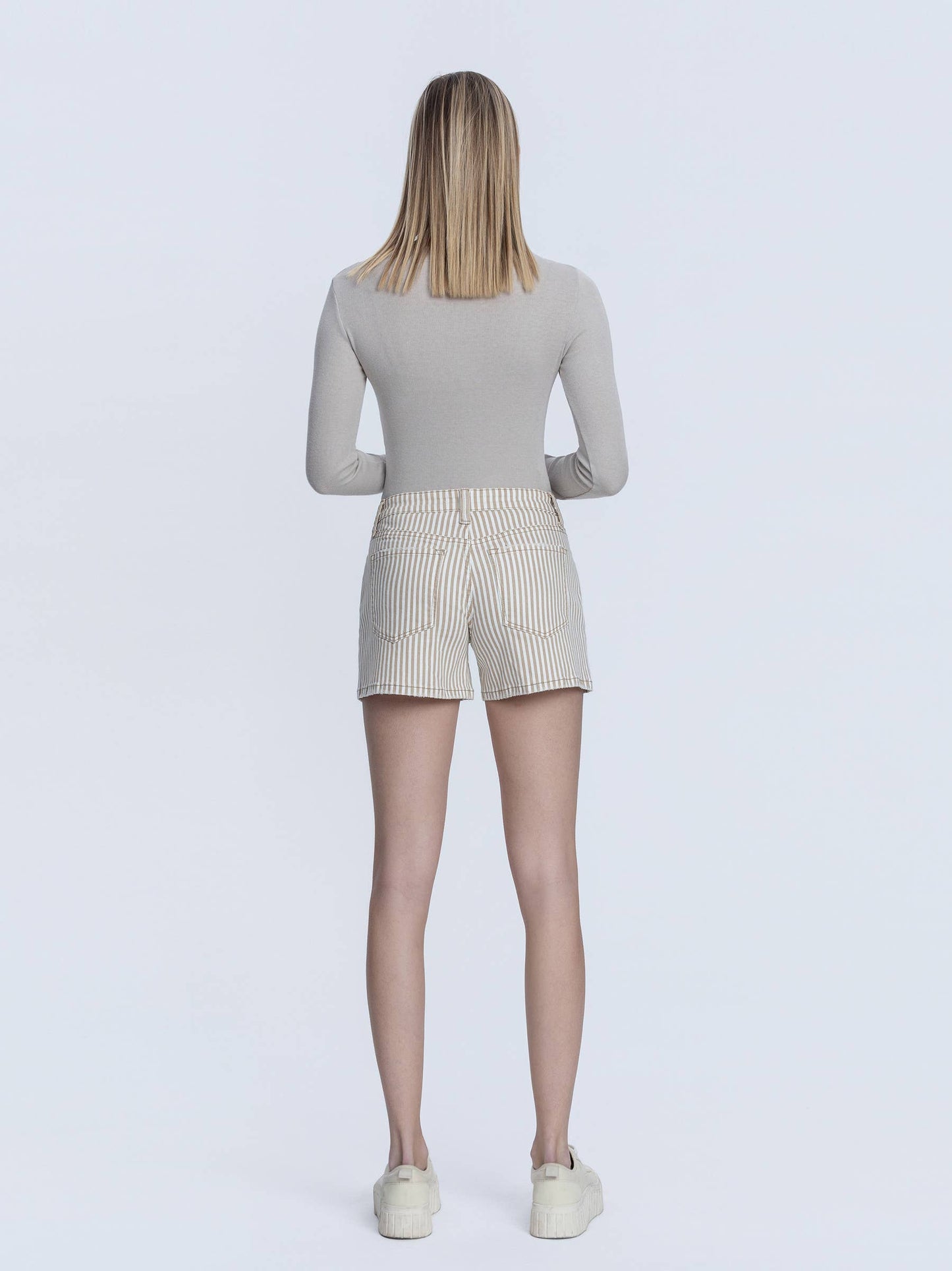 The Ali - Mid Rise Tan Stripe Shorts