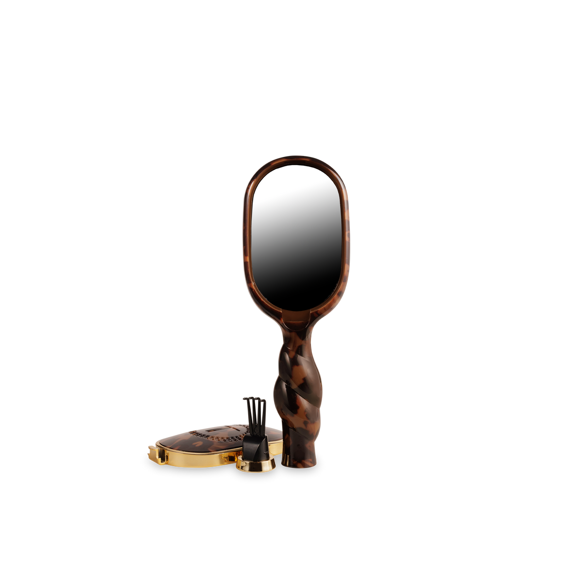 Back of the tortoise mini boar bristle brush with built-in mirror